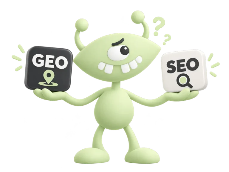 Paradigmenwechsel in der Suche: Das KI-FACTOR-Maskottchen hält Symbole für GEO und SEO in den Händen.